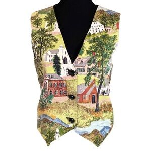 Vintage Adornments Village Print Tapestry Button Front Vest Multicolor Sz Medium